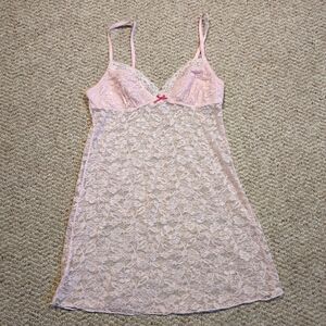 Babydoll Camisole Tank Pink Lace Trim Bow Sheer Dainty Fairy Romantic Floral